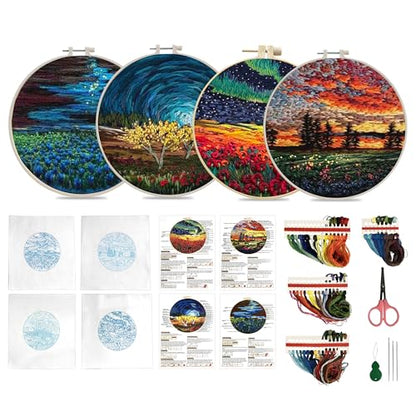 Maydear 4 Pack Embroidery Starter Kit with Pattern, Stamped Cross Stitch Kits for Beginners Adults with Embroidery Hoop and Instructions, Hand Embroidery Kit (Embroidery kit flower2)