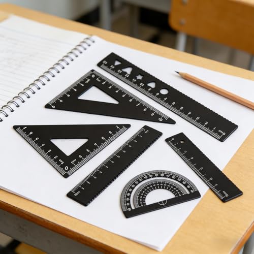 1 Set 4pcs Thickened Aluminum Alloy Drawing Kit with Storage Box for Office, Drawing, Student Measurement Ruler Set (Black) - color: Black