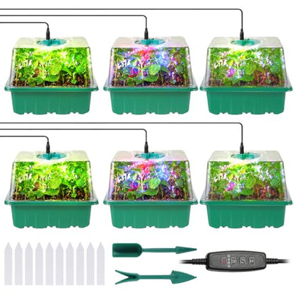Seed Starter Trays with Grow Lights, 72 Cells Seed Starter Kit with Lights, 3 Lighting Mode, 4 Timing Set, Germination Kit for Seed Starting Trays, Seedling Starter with High Humidity Control Domes - color: Green 6pcs
