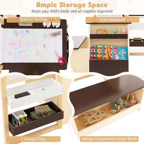 HONEY JOY Kids Art Easel, 6-in-1 Wooden Double-Sided Toddler Table & Chair Set w/Adjustable Magnetic White Board & Chalkboard, Paper Roll, Bookshelf, Storage, Kids Art Table and Chair (Coffee) - style: Coffee