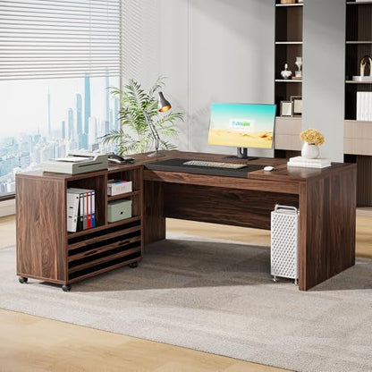 Tribesigns 62.2" L-Shaped Executive Desk with Mobile File Cabinet - color: Dark Brown and Black
