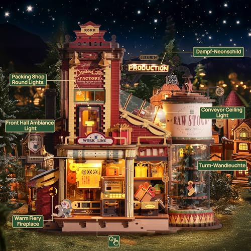 ROKR 3D Puzzle for Adults Christmas Dream Gift Factory Wooden Model Kit Luminous Factory DIY Dollhouse Kit Building with Music, Lights and 5 Elves for Adults