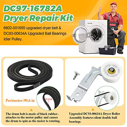 Dryer Repair Kit Fit for Samsung DV42H5000EW/A3 DV45H7000EW/A2 DV42H5200EP/A3 DV40J3000EW/A2, Includes DC97-16782A Samsung Dryer Roller, 6602-001655 Dryer Belt, DC93-00634A Idler Pulley by Techecook