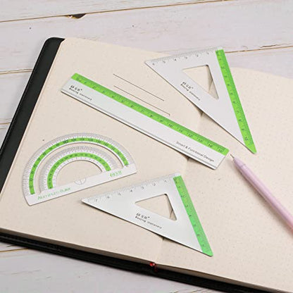 HARFINGTON 4pcs Geometry Set 15cm Metric Measure Ink Printing Aluminum Ruler Metal Ruler Set Triangle Protractor Ruler Tool Set for Classroom, Office, Home, Green - color: Green