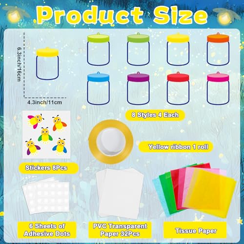 QOUBAI 32 Sets Spring Insect Suncatchers Craft Kit DIY Window Stained Glass Effect Firefly Jar Paper Craft for Home School Classroom Decor Kid Birthday Gifts Creative Art Projects Activity Game - style: Firefly