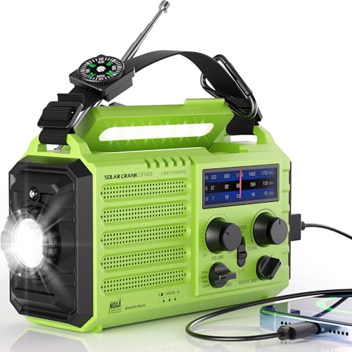 Emergency Weather Radio Battery Powered 5000mAh/18500mWh, Solar Hand Crank - color: Light Green
