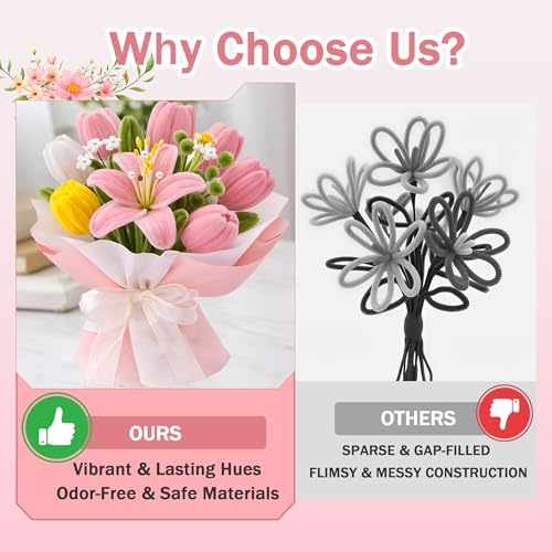 Party Rose 650PCS Pipe Cleaners Craft, Pipe Cleaner Bulk Flower Kit, 6 Colors Chenille Stems Flower Making Kit with Floral Wires, Gardening Tape, Stamens