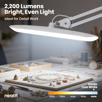 Neatfi XL 2200 Lumens 24W LED Desk Lamp – Shadow-Free Task Lighting | 4-Level Dimming | Home Office & Crafts Use | 20-Inch Wide Head (White, Non-CCT with Clamp) - color: White, size: Non-CCT with Clamp