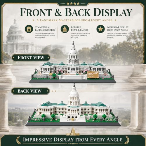 United States Capitol Building Blocks Set 1074 Pieces Washington D.C. Architecture Model Kit with Nameplate & Chain Fence USA Landmark Souvenir Gift Construction Toy for Adults & Teens - style: United States Capitol