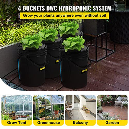VEVOR DWC Hydroponic System, 5 Gallon 4 Buckets, Deep Water Culture Growing Bucket, Hydroponics Grow Kit with Pump, Air Stone and Water Level Device, for Indoor/Outdoor Leafy Vegetables - style: 4 Buckets