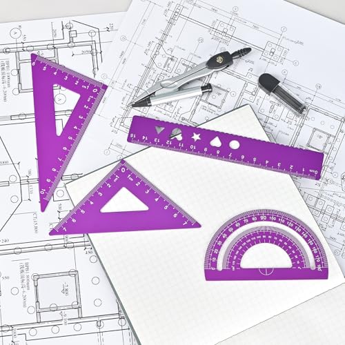 6 Pcs Metal Geometry Set, Math Geometry Kit, Metal Ruler Set and Compass Geometry Tool, Rulers Protractor and Compass Set for Student School and Drawings Supplies (Purple)