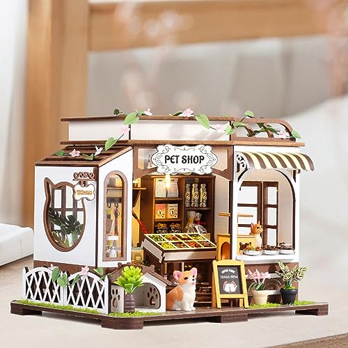 Pet Shop DIY Miniature House Kit, Wooden Dollhouse with LED for Adults - style: Pet Shop