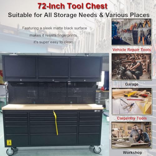 72-Inch Rolling Tool Chest with 15 Drawers + 3 Upper Cabinets, Mobile Workbench, Assembled Large Tool Box Lockable Storage Cabinet with Wheels for Garage Workshop, Matte Black - size: 72'' + 3 Upper Cabinets - Black