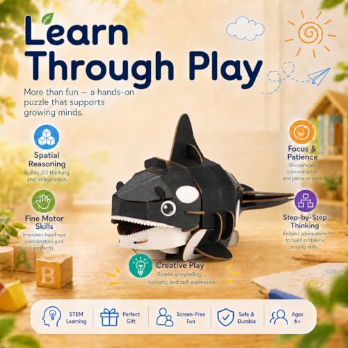 MierEdu Build 'N' Sound 3D Puzzle for Kids, Animal Puzzle with Sound Module, Educational STEM Craft Kit, FSC Paper Model Building Toy Gift for Ages 6+ - color: Orca