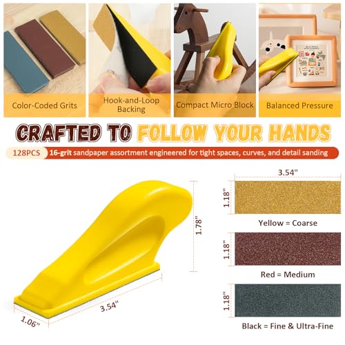 128PCS Premium Micro Sander & Sandpaper Kit, Detail & Mini Hand Sander with Small Sanding Block, 80–3000 Grit Sandpaper Assortment for Wood, Crafts, Furniture, Tight Spaces & DIY Projects