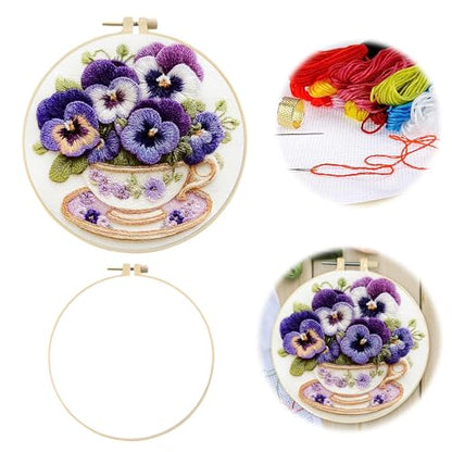 Needlework Embroidery Kit for Beginners,Pansy Pattern Handmade Cross Stitch Sewing Craft Kit with Pre-Stamped Patterns,7.87 inch Hoop,Floss & Needles for Craft Lover Birthday Gifts 11.41x11.41in - color: Pansy