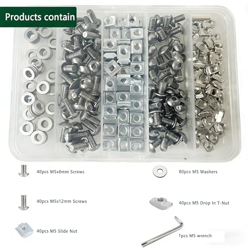 240pcs M5 T-Nuts Screws Kit for 2020 2040 8020 Series Aluminum Extrusion,40Pcs M5x8,40Pcs M5x12 Hexagon Socket Screws,40Pcs M5 T Sliding Nut,40Pcs M5 T Nut,80Pcs Washers - style: 240pcs 20 Series Screws Kit Silver
