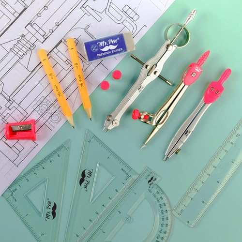 Mr. Pen- Geometry Set, 13 pcs, 3 Metal Compasses, Protractor, 6" Ruler - color: Pink