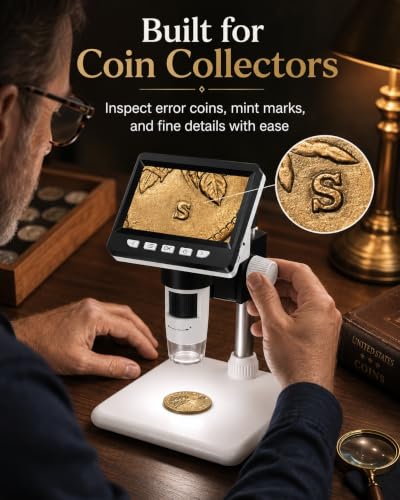 Digital Coin Microscope 1000X, 4.3" LCD Coin Magnifier with Screen for Error Coins, 1080P USB Microscope with 8 Adjustable LED Lights, Photo & Video, Built-in Storage, Compatible with Windows/MacOS - color: White