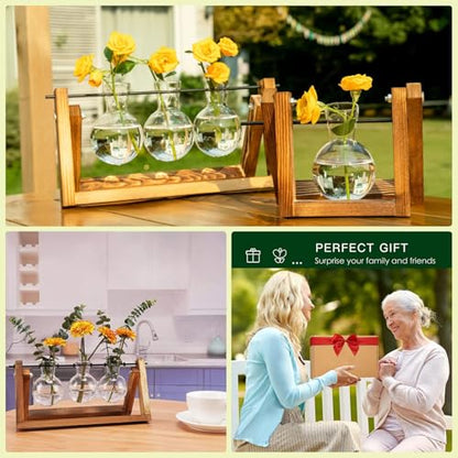 Kingbuy Plant Propagation Station, 3 Glass Bulb Vases with Wooden Stand - size: 3 Bulb Vase