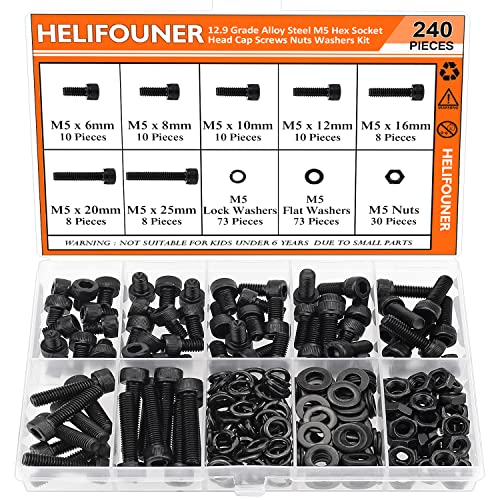 HELIFOUNER 240 Pieces M5 x 6mm /8mm /10mm /12mm /16mm /20mm /25mm, Hex Socket Head Cap Screws Bolts Washers Nuts Kit, 12.9 Grade Alloy Steel, Full Threaded, Black - size: M5, style: Socket Head