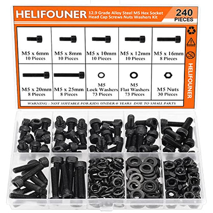 HELIFOUNER 240 Pieces M5 x 6mm /8mm /10mm /12mm /16mm /20mm /25mm, Hex Socket Head Cap Screws Bolts Washers Nuts Kit, 12.9 Grade Alloy Steel, Full Threaded, Black - size: M5, style: Socket Head