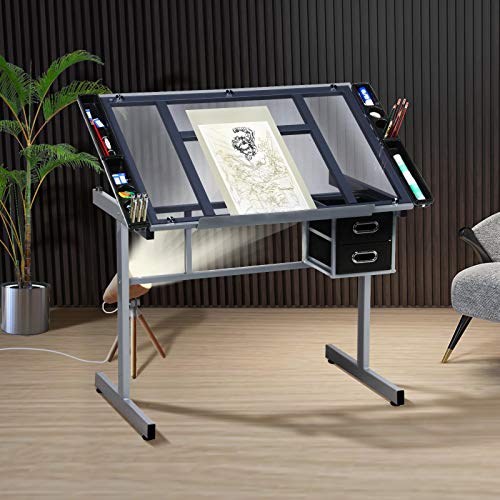 Yaheetech Glass Drafting Table with Storage, Adjustable Art Drawing Desk