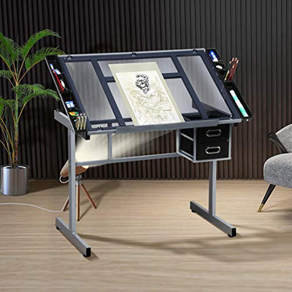 Yaheetech Glass Drafting Table with Storage, Adjustable Art Drawing Desk