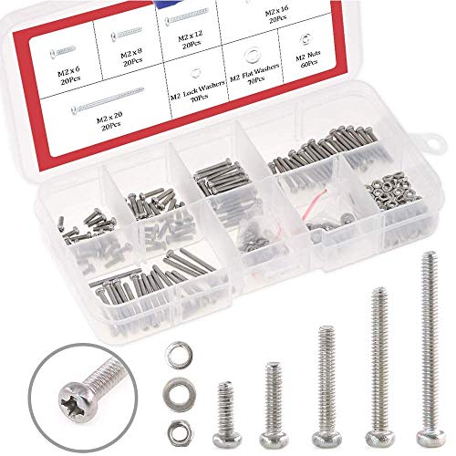 Hilitchi 300-Piece M2 Phillips Pan Head Screws Bolt Nut Lock Flat Washers Assortment Kit, 304 Stainless Steel - color: M2