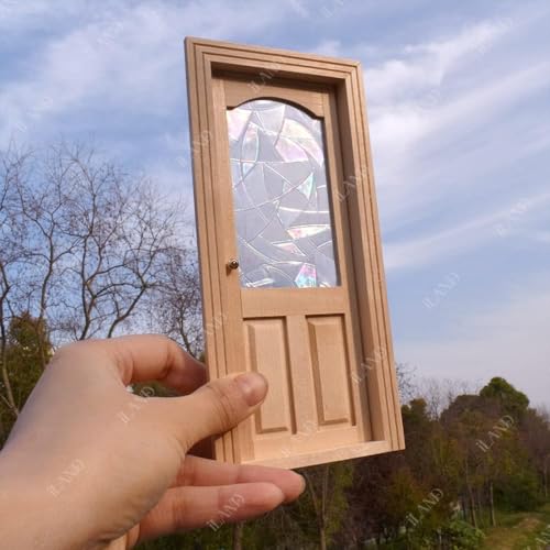 iLAND Dollhouse Door on 1 12 Scale, Unfinished Paintable Wooden Door w/ 3D Windowpane Reflecting Rainbow Light & Golden Metal Handles, Miniature Building Supplies Dollhouse Furniture & Decor - style: Classic Door w/ 3D Acrylic Windowpane