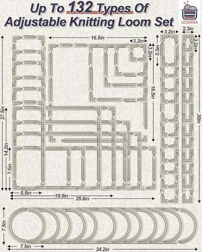 UCDRMA Upgraded Large Adjustable Loom Knitting Kit with Removable-pegs, Up to 132 Sizes & Shapes Weaving Knitting Loom for Blankets/Scarves/Hats, Beginners Infinity Crochet Loom Kit with Instructions
