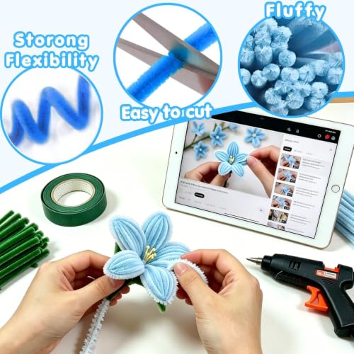 Blue Pipe Cleaner Kit With 150 Pcs Pipe Cleaners Colourful in 3 Colours(Dark Blue,Light Blue,Green),8 Pcs Green Floral Wire,40 Pearls,40 Stamen,Floral Tape,Flower Wrapping Paper and Ribbon - color: Blue