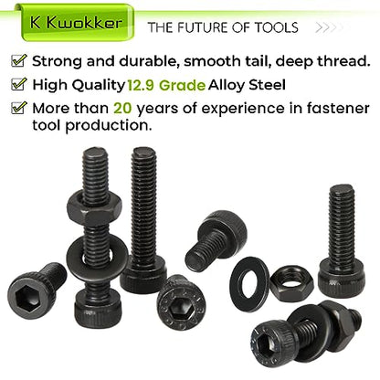 1023PCS Metric M3 Bolt Assortment 4MM to 40MM 13 Lengths, 12.9 Alloy Steel Screws Nuts and Washers Hex Socket Head Cap Machine Screws, Black Bolts and Nuts Kit - size: A. M3