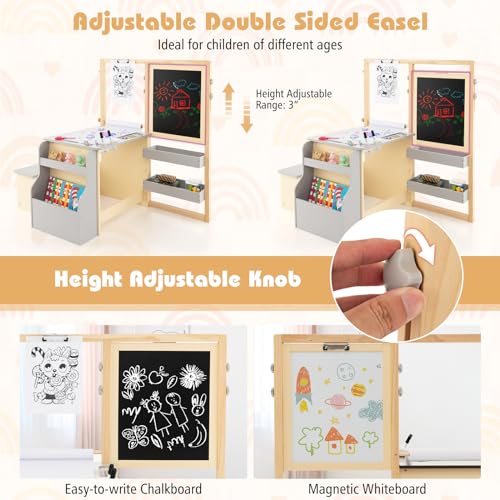 HONEY JOY Kids Art Easel, 6-in-1 Wooden Double-Sided Toddler Table & Chair Set w/Adjustable Magnetic White Board & Chalkboard, Paper Roll, Bookshelf, Storage, Kids Art Table and Chair (Gray) - style: Gray