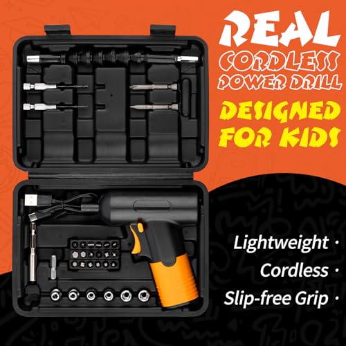 Kids Tool Set, Kids Tool Box, Small Drill, 32pcs Real Toolbox for Child, Drill Set with Charger & Portable Case, Educational DIY Toys for Boys & Girls