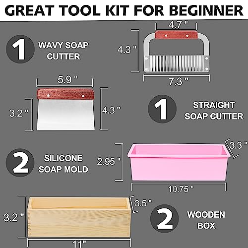 Lerykin 2 pcs Rectangular Soap Molds Kit with Cutters - 42oz Flexible Silicone Loaf Soap Mold with Wooden Box, Stainless Steel Wavy & Straight Scraper for Homemade Craft Soap Making Supplies - color: Pink+Yellow - Rectangle