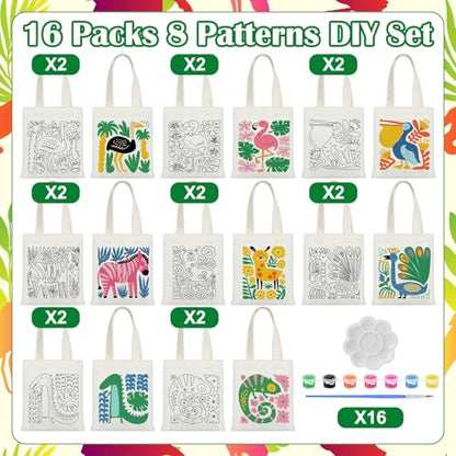 Aliceset 16 Pcs Color Your Own Bag Tote Bag Painting - style: Tropical Animal