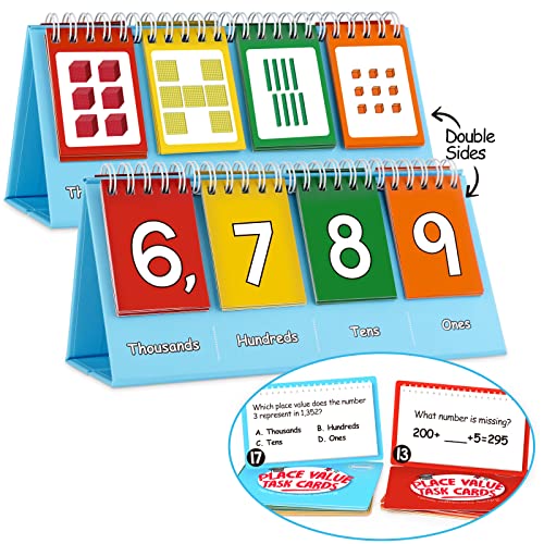 Aizweb Student Place Value Flip Chart - Math Manipulatives K-3 for Elementary Classroom - Double-Sided with Whole Numbers and Base Ten Blocks - size: 3.9"×8.3"