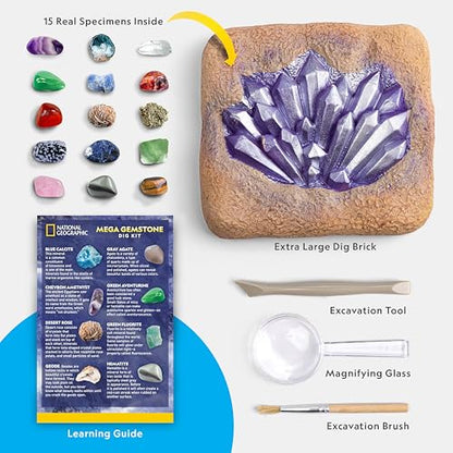 NATIONAL GEOGRAPHIC Mega Gemstone Dig Kit – Dig Up 15 Real Gemstones and Crystals, Science Kit for Kids, Gem Digging Kit, Gift for Girls and Boys, Mining Kit, Rock Collection - style: 15 Stunning Gems