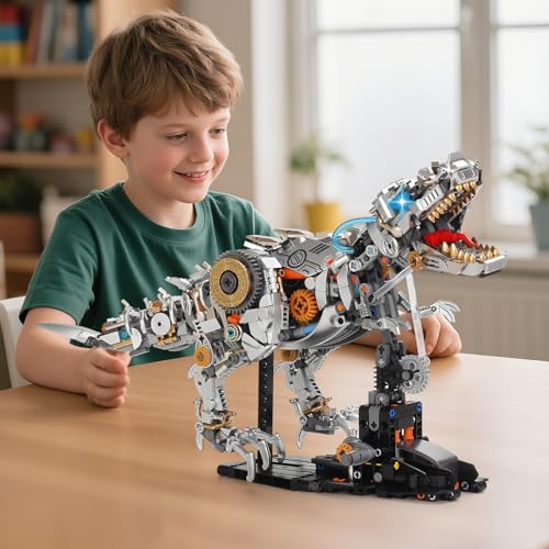 Mechanical Dinosaur Building Blocks Linkage Kit, Jurassic Animal Tyrannosaurus Rex Model with Lighting & Display Stand, STEM Toy DIY Desktop Ornament for Kids Ages 12+, Birthday Gift Idea - color: Dinosaur