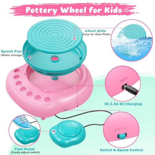 Pottery Wheel for Kids with Air Dry Clay Kit, 12 Paints & Tools, Ages 6-12 - color: pink/cyan