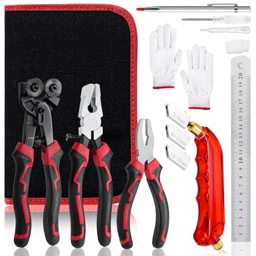 YOTINO Glass Cutters Tools 20PCS Glass Nippers Glass Running Pliers Breaking Pliers Oil Feed Glass Cutter Set for Stained Glass, Tiles, Mosaic Cutting with Cut Resistant Gloves Leather Zipper Bag - color: red