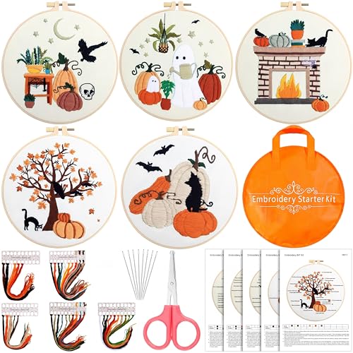Yuxung 5 Sets Fall Embroidery Kit Halloween Embroidery Cross Stitch Kit