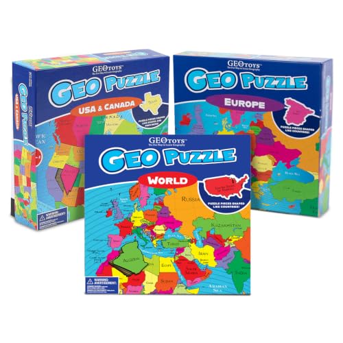 GeoPuzzle Europe, USA/Canada & World Jigsaw Puzzles, 3-Pack Puzzle for Kids - color: 3 Sets-europe, Usa/Canada & World