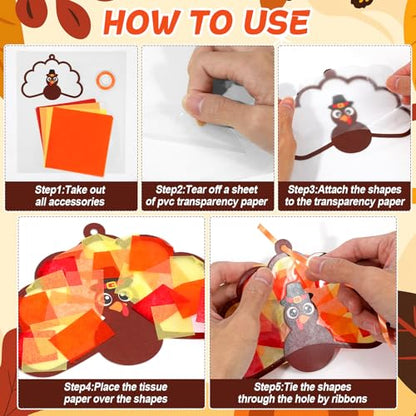 Qyeahkj 36 Set Thanksgiving Turkey Suncatchers Crafts for DIY Fall Window Tissue Paper Craft Kit Autumn Hanging Decor for Harvest Home Activity Art Project Birthday Party Favor Gift - style: Thanksgiving Turkey