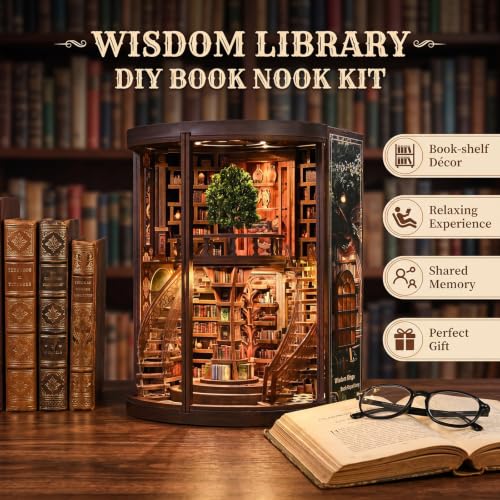 Book Nook Kits for Adults, 3D DIY Miniature Wooden Puzzle with LED Light, Adult Crafts Kits, House Bookshelf Decor, 356 Pieces Model Building Gift for Adults & Teens (Wisdom Library)