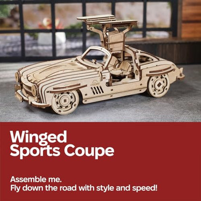 UGEARS Winged Sports Coupe Model Car Kit - 3D Wooden Puzzle for Adults – Model Kit for Adults to Build - DIY Wooden Car with Authentic Gull-Wing Design, 3D Puzzle