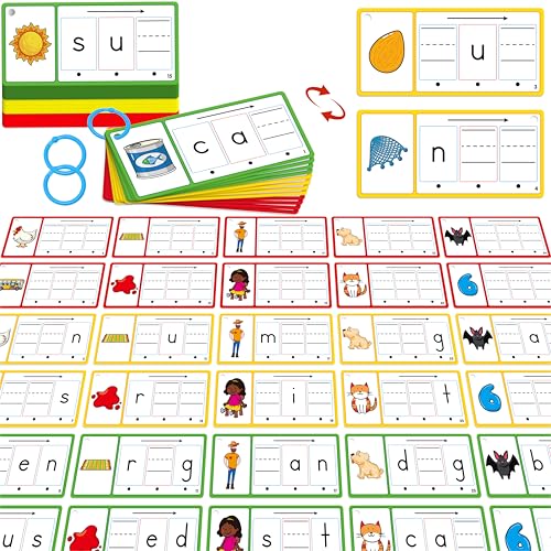CVC Word Writing Cards, 100 Double-Sided Handwriting Cards 3-Level Short Vowel Spelling Flashcards CVC Sight Words Early Educational Tool for Kids 3 4 5 Years Old (3 Plastic Rings Included) - style: CVC Word Writing Cards