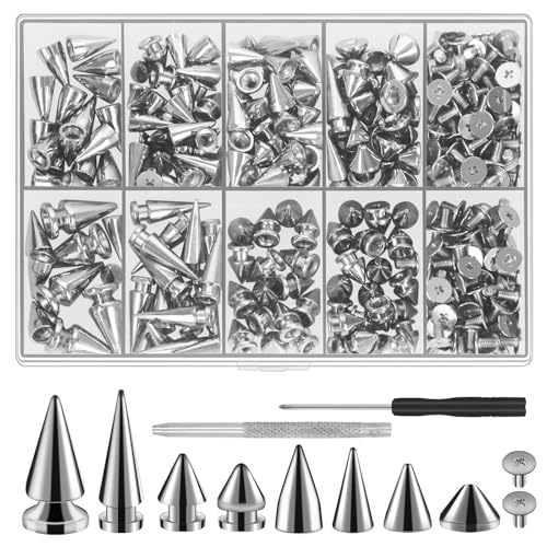 RYKOMO 354 Sets Punk Spikes and Studs Kit,Metal Tree Spikes Studs 8 Sizes, Cone Spike and Studs Rivets for Leather Craftsmanship, Punk Style Clothing, Jackets, Shoes, Belt Bags, Dog Collars