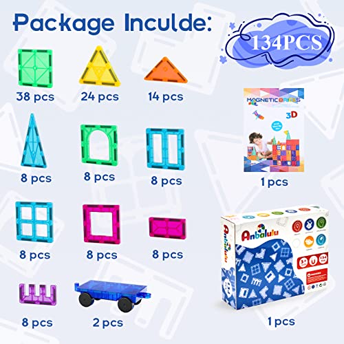 Anbalulu 134PCS Magnetic Building Tiles, Gift for Boys and Girls Ages 3+ - size: 134PCS